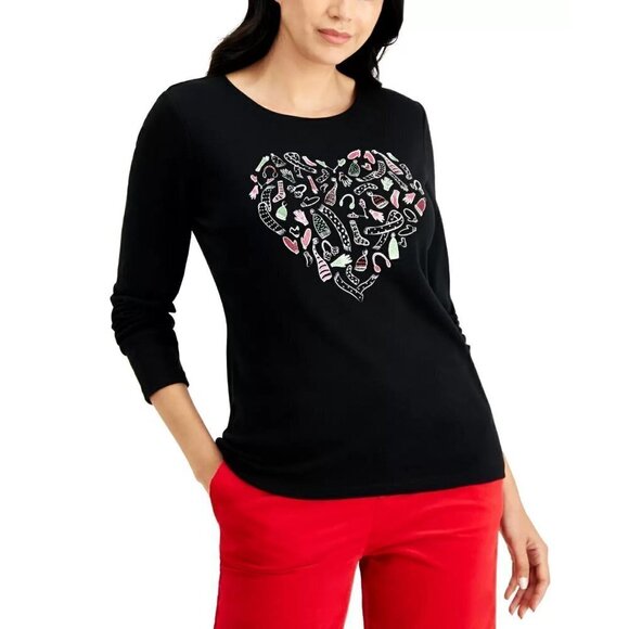 Karen Scott Womens Medium Embellished Heart Holiday Graphic Top Deep Black 1419 - Picture 1 of 7